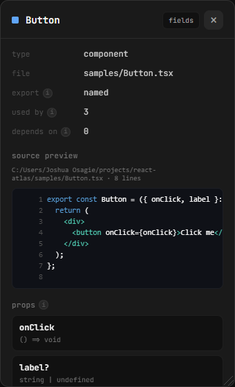 Node details panel with metadata, props, and live source preview
